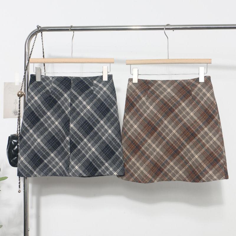 High Rise Plaid A-Line Mini Skirt Product Image