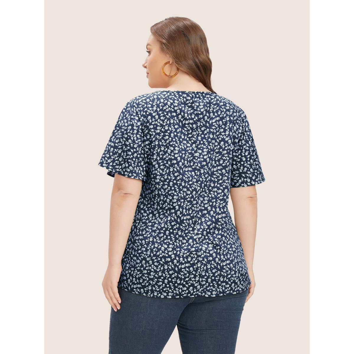 Plus Size Indigo Ditsy Floral Ruffle Sleeve Button Detail Blouse Women Elegant Short sleeve V-neck Everyday Blouses BloomChic 30/6X Product Image