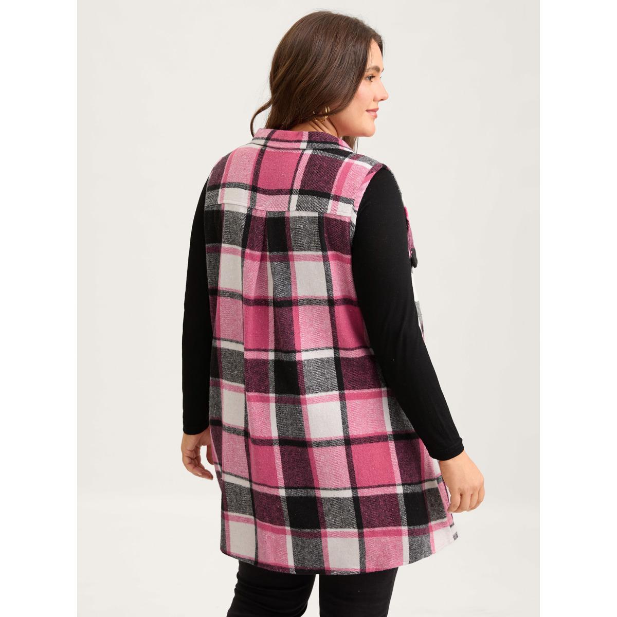 Plus Size Plaid Flap Detail Sleeveless Jacket Women Rosered Button Side seam pocket Casual Jackets BloomChic 28/5X Product Image