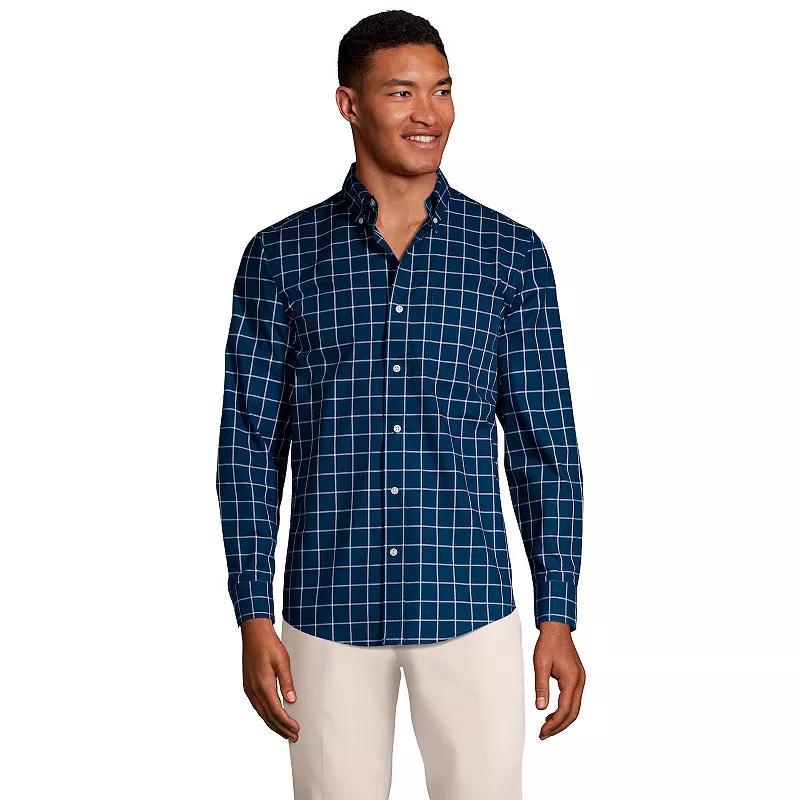 Mens Lands End Tailored Fit No Iron Twill Long Sleeve Shirt Deep Blue Windowpane Product Image