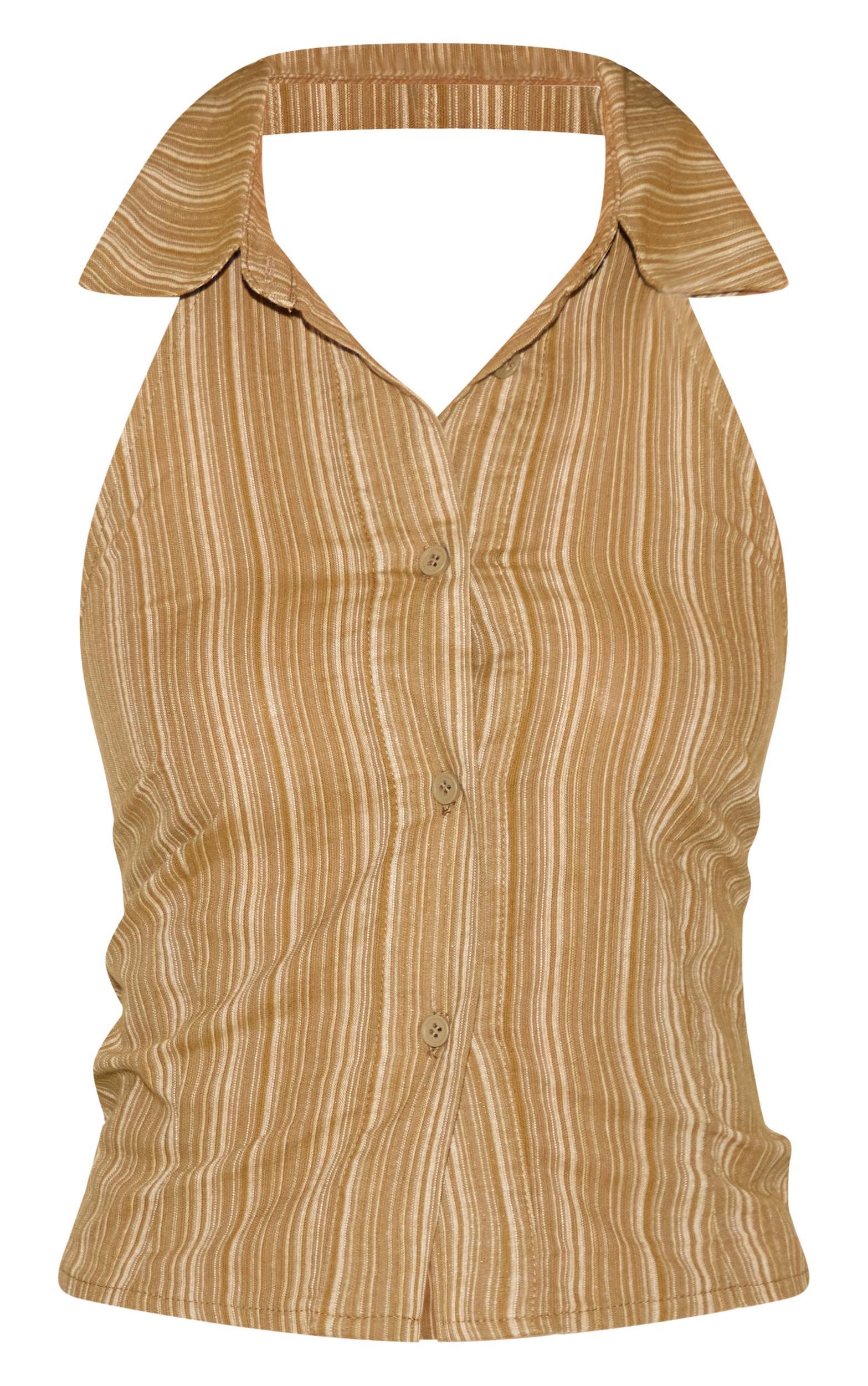 Green Lightweight Woven Striped Tie Back Halterneck Top Product Image