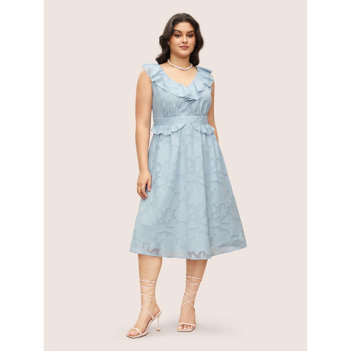 Plus Size Plisse Ruffle Trim Gathered Sleeveless Dress LightBlue Women Elegant Texture V-neck Sleeveless Curvy BloomChic 26/4X Product Image
