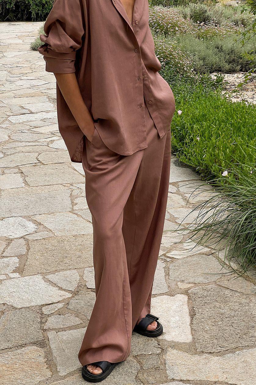 Elastic Mid Waist Linen Blend Pants Product Image