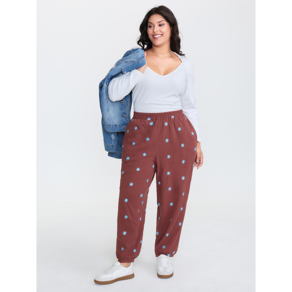 Plus Size Supersoft Floral Embroidered Pants Women Rust Playful Jogger Mid Rise Casual Pants BloomChic 26/4X Product Image