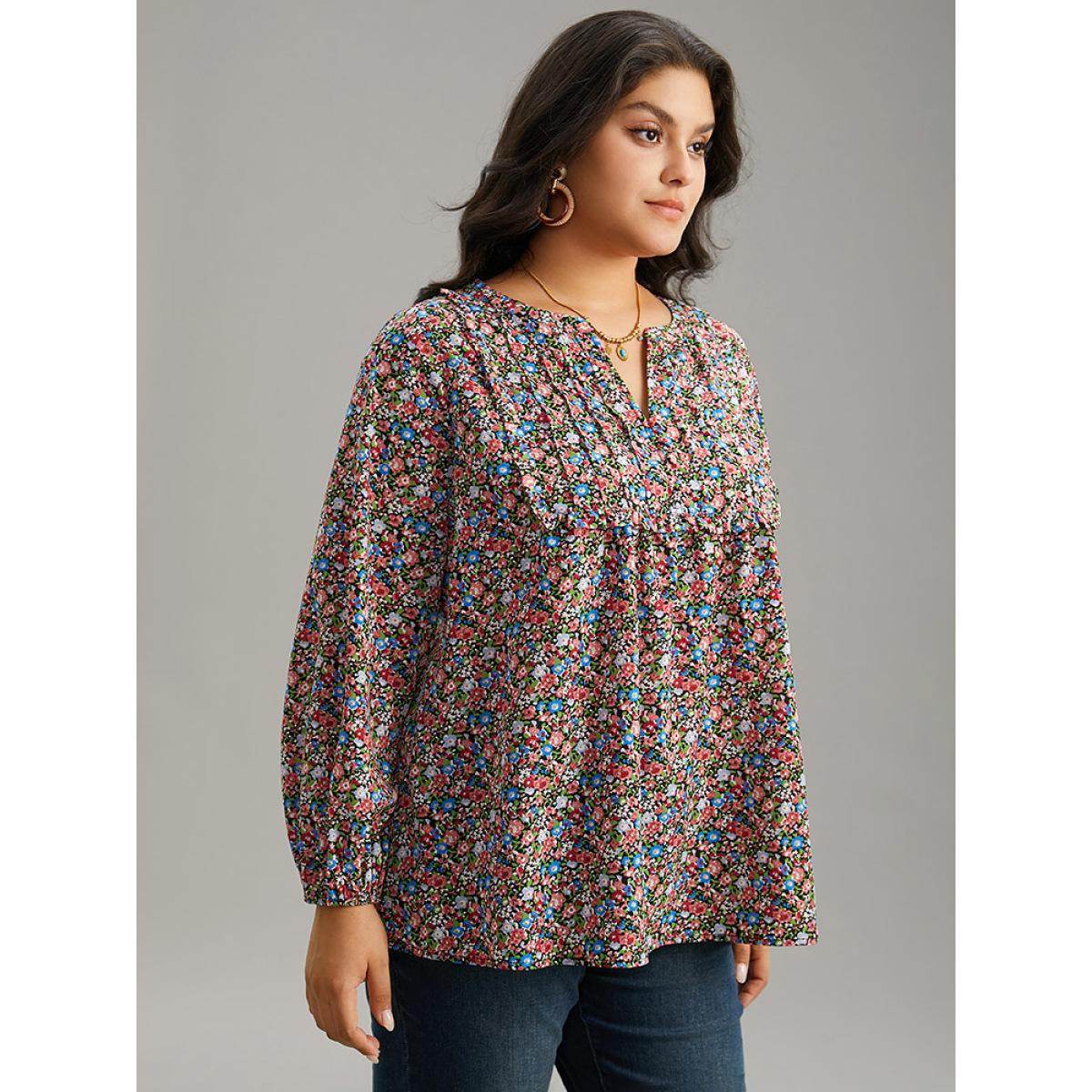 Plus Size BlackFlower Ditsy Floral Notched Frill Trim Blouse Women Elegant Long Sleeve Notched collar Dailywear Blouses BloomChic 14-16/1X Product Image