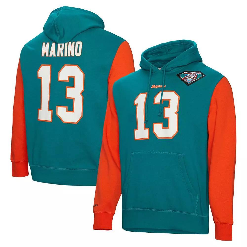 Men's Mitchell & Ness Dan Marino Aqua Miami Dolphins Retired Player Name & Number Pullover Hoodie, Size: Medium, Turquoise A Product Image