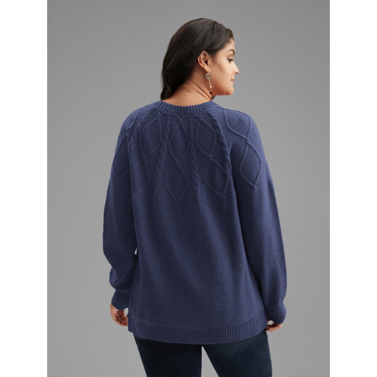 Plus Size Cable Knit Bodice Crew-Neck Pullover Brightred Women Leisure Loose Long Sleeve Round Neck Casual Pullovers BloomChic 22-24/3X Product Image