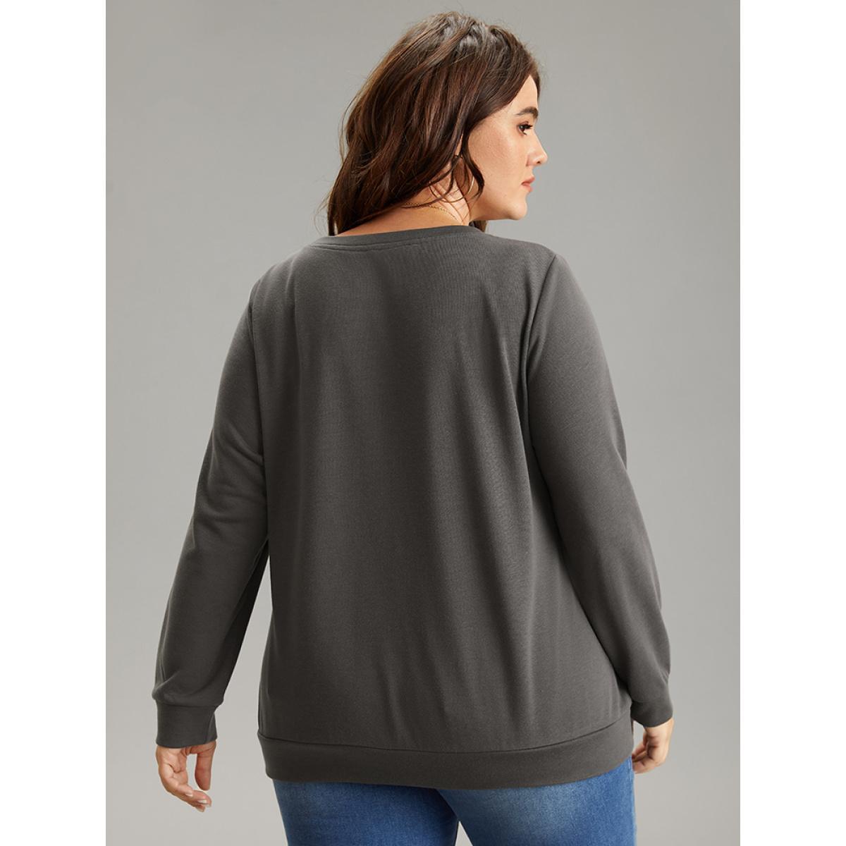 Plus Size Slogan Print Round Neck Knit Sweatshirt Women DimGray Casual Printed Dailywear Sweatshirts BloomChic 10/M Product Image