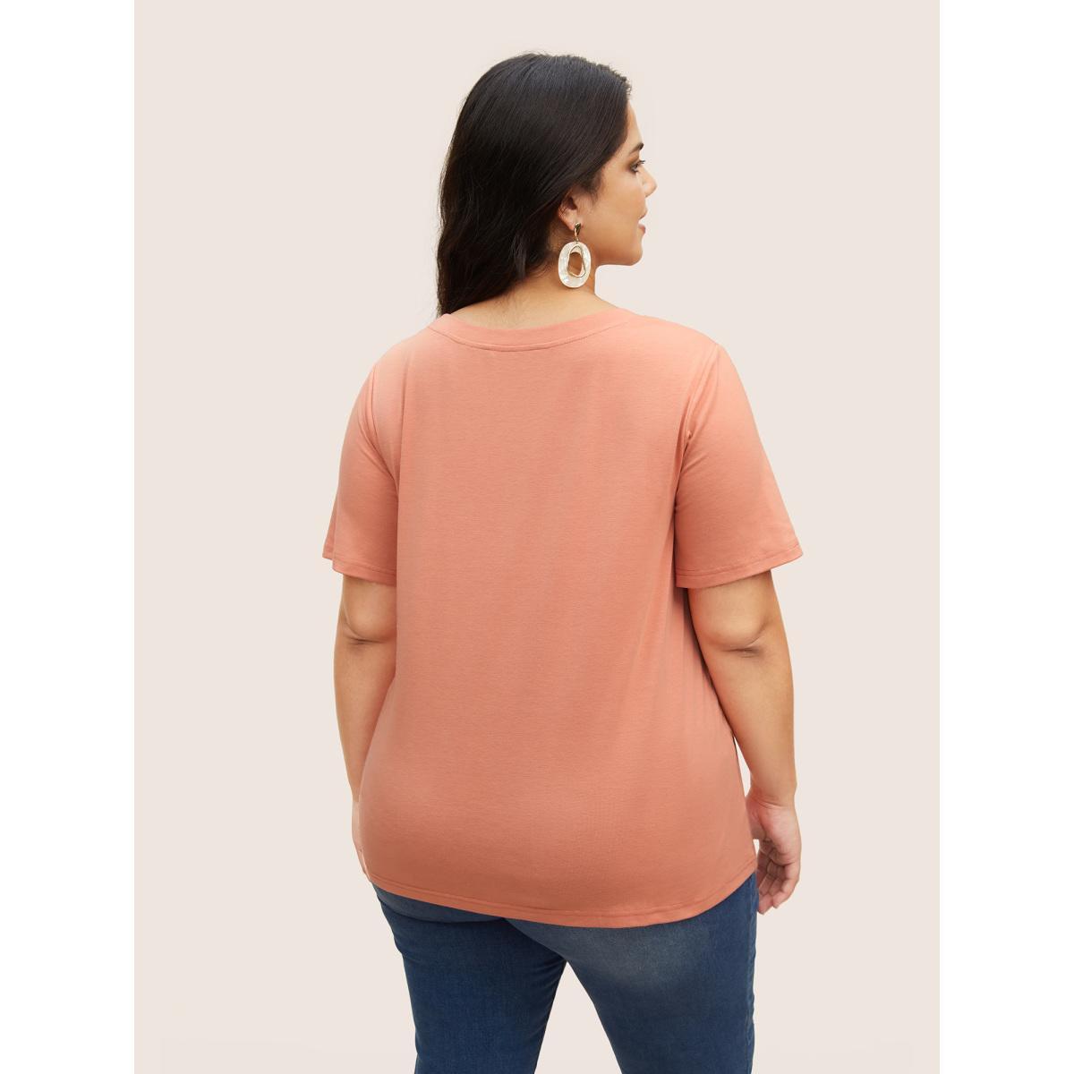 Plus Size Tropical Coconut Tree Print Round Neck T-shirt Salmon Women Resort Contrast Art&design Round Neck Vacation T-shirts BloomChic 18-20/2X Product Image