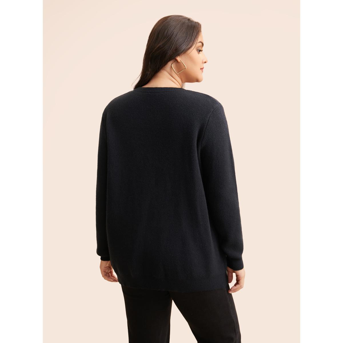 Plus Size Round Neck Floral Contrast Texture Pullover Indigo Women Playful Long Sleeve Round Neck Casual Pullovers BloomChic 30/6X Product Image