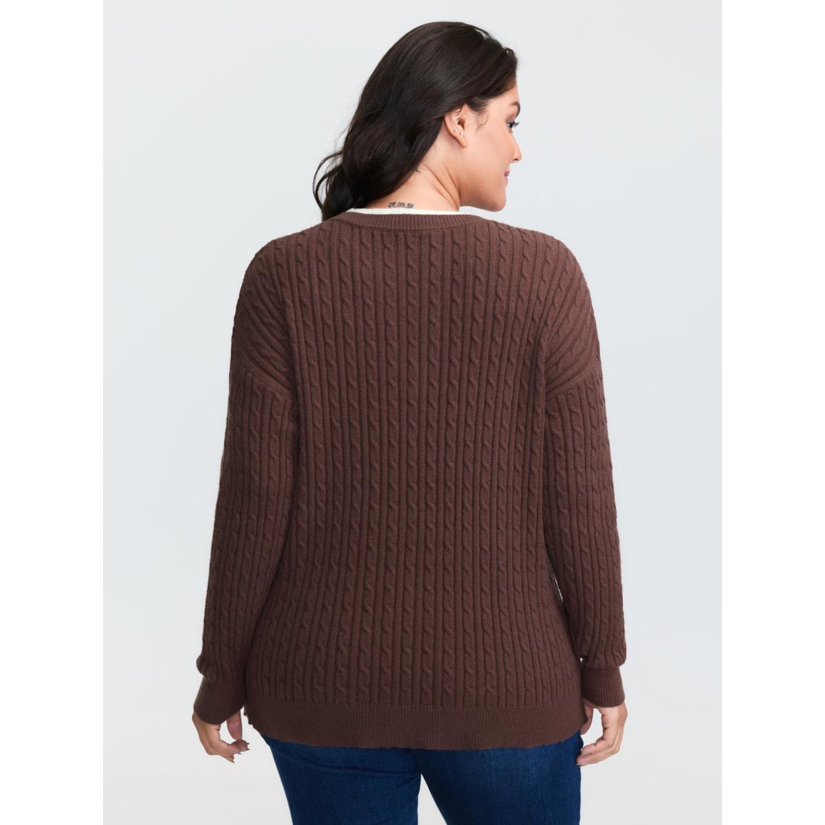 Plus Size Supersoft Cable Knit Henley Pullover Browncoffeecolor Women Leisure Loose Long Sleeve Round Neck Casual Pullovers BloomChic 18-20/2X Product Image