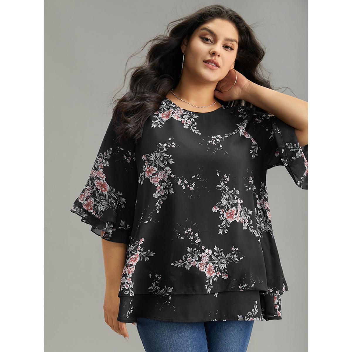Plus Size BlackFlower Floral Chiffon Ruffle Sleeve Mesh Patchwork Blouse Women Elegant Elbow-length sleeve Round Neck Everyday Blouses BloomChic 12/L Product Image