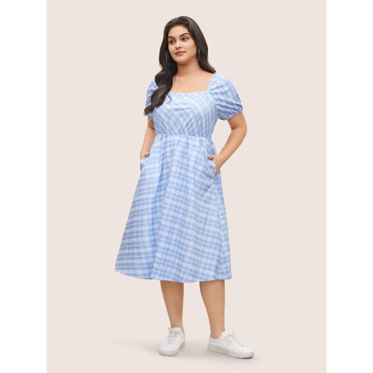 Plus Size Plaid Square Neck Gathered Shirred Dress LightBlue Women Casual Non Square Neck Short sleeve Curvy Midi Dress BloomChic 14-16/1X Product Image