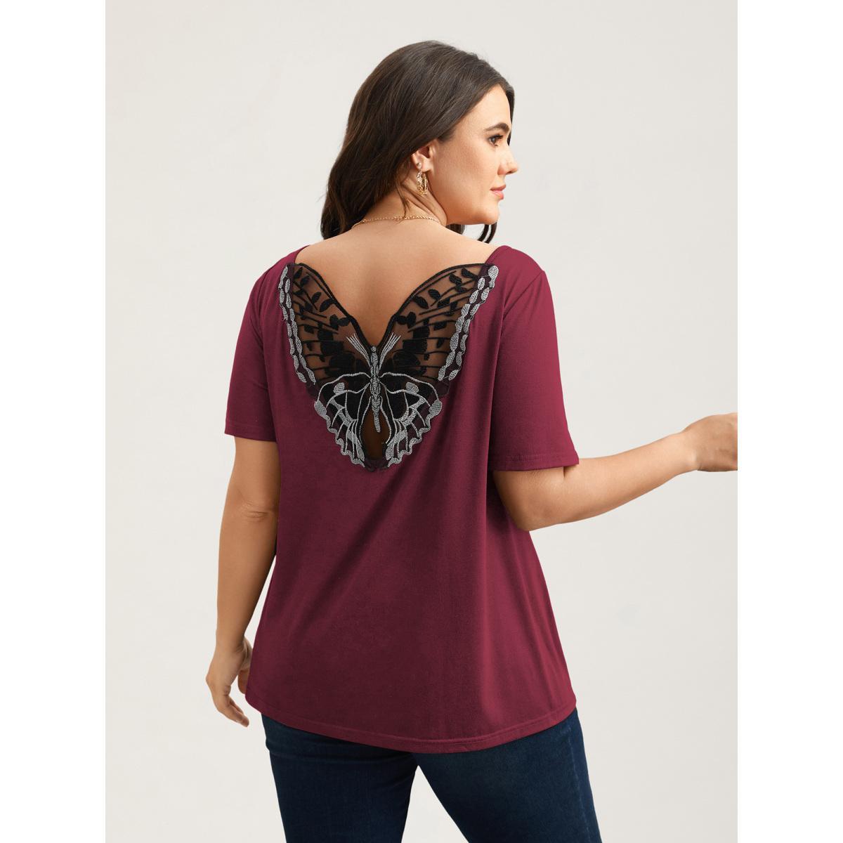 Plus Size Butterfly Back Stretchy Round Neck T-Shirt Indigo Women Leisure See through Round Neck Casual T-shirts BloomChic 12/L Product Image