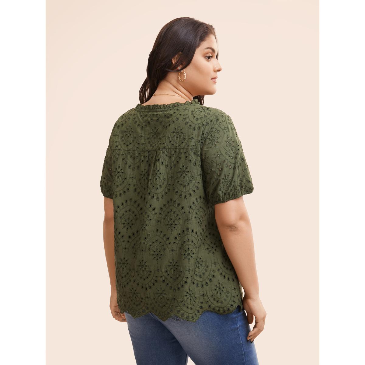 Plus Size RedViolet Notched Broderie Anglaise Frill Trim Blouse Women Elegant Short sleeve Notched collar Everyday Blouses BloomChic 18-20/2X Product Image