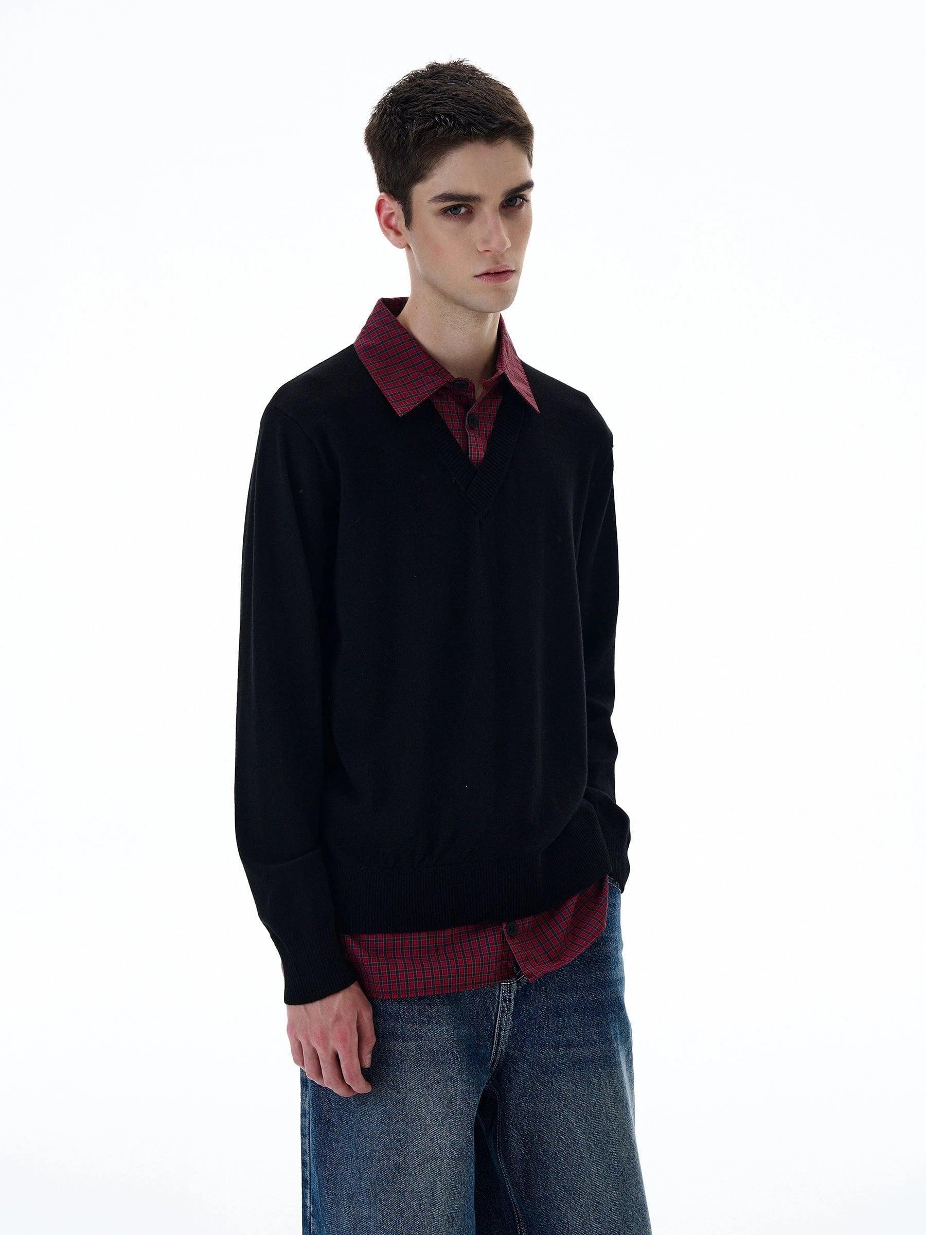 RT No. 20008 TWO PIECE BUTTON-UP SHIRT V-NECK SWEATER Product Image