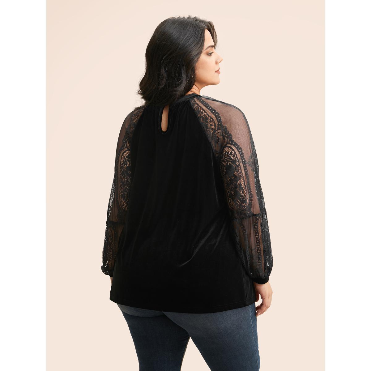 Plus Size Burgundy Lace Patchwork Velvet Raglan Sleeve Blouse Women Elegant Long Sleeve Stand-up collar Everyday Blouses BloomChic 10/M Product Image