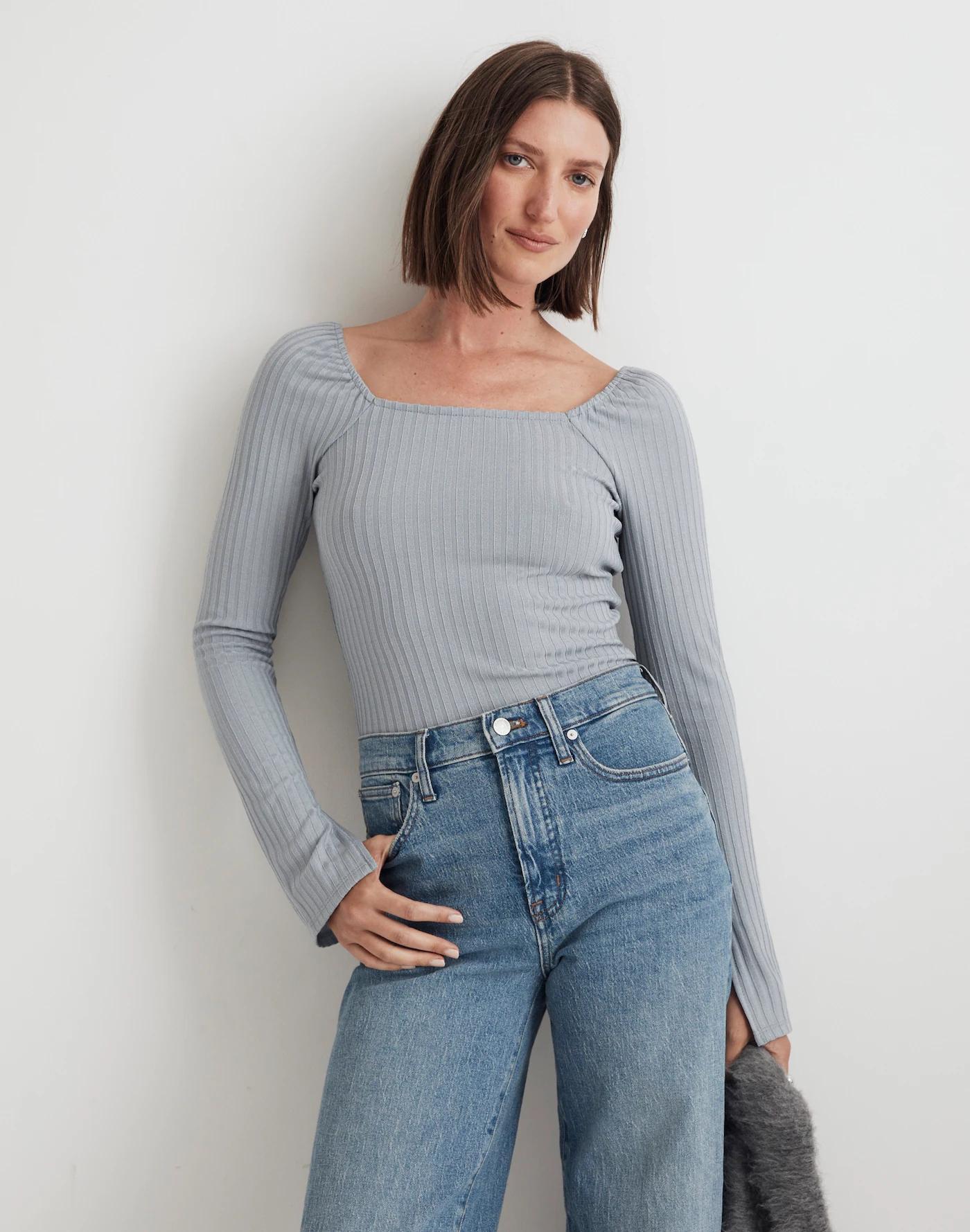 Ribbed Square-Neck Long-Sleeve Tee Product Image