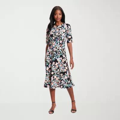 London Times Womens 3/4 Sleeve Floral Midi Fit + Flare Dress Product Image