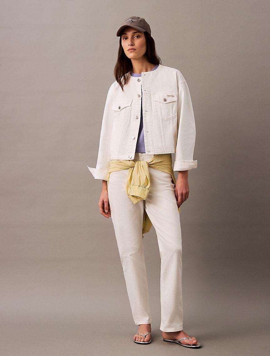 Cropped Collarless Denim Trucker Jacket Product Image