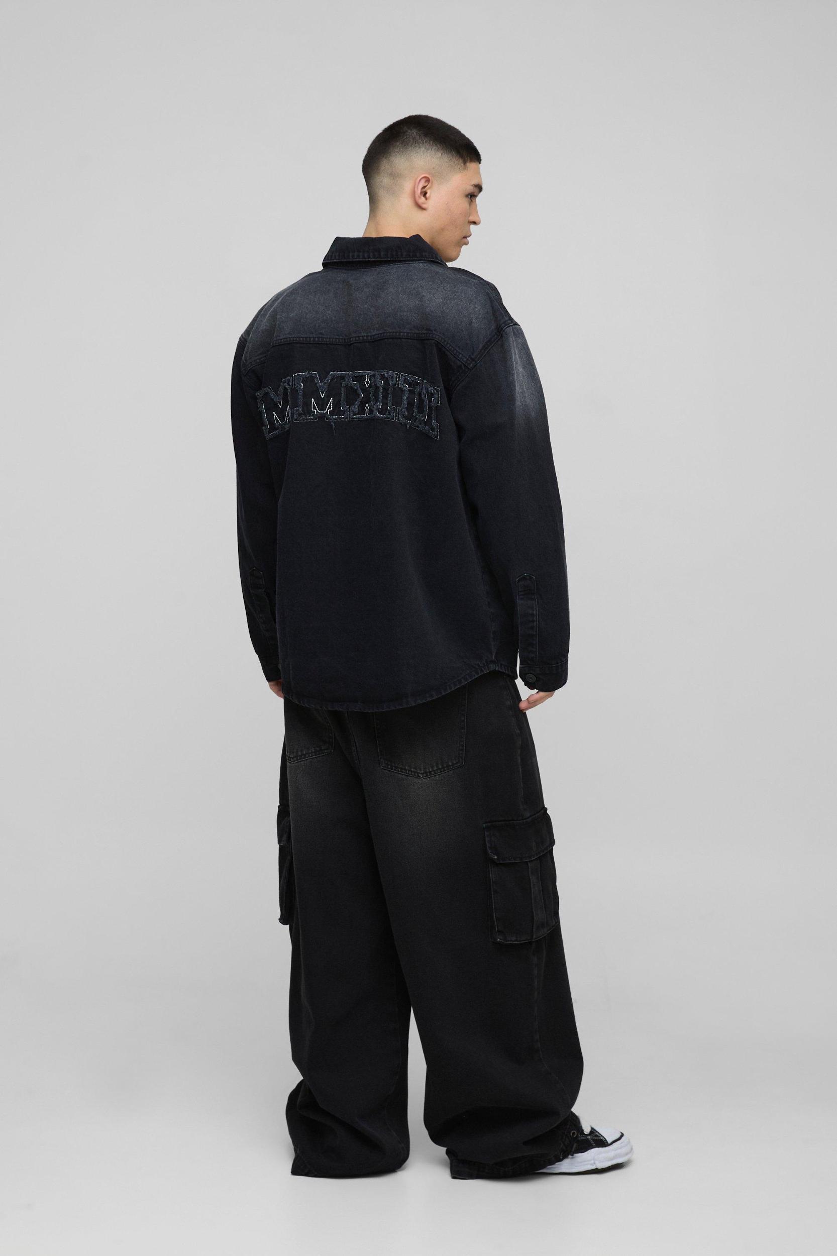 Oversized Acid Wash Applique Denim Shirt | boohooMAN USA Product Image