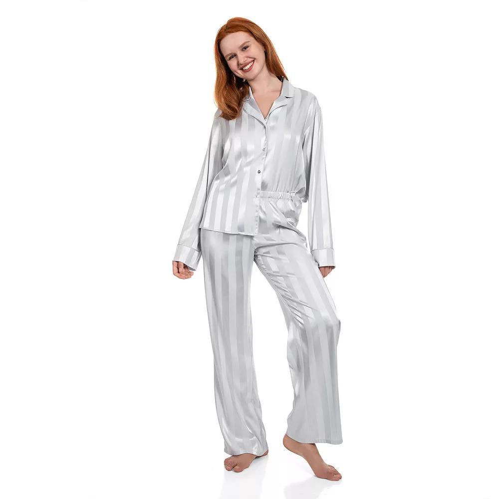 Women's Lilac+London Long Satin Notch Collar Pajama Top & Pajama Bottoms Set, Size: XL Long, Black Product Image