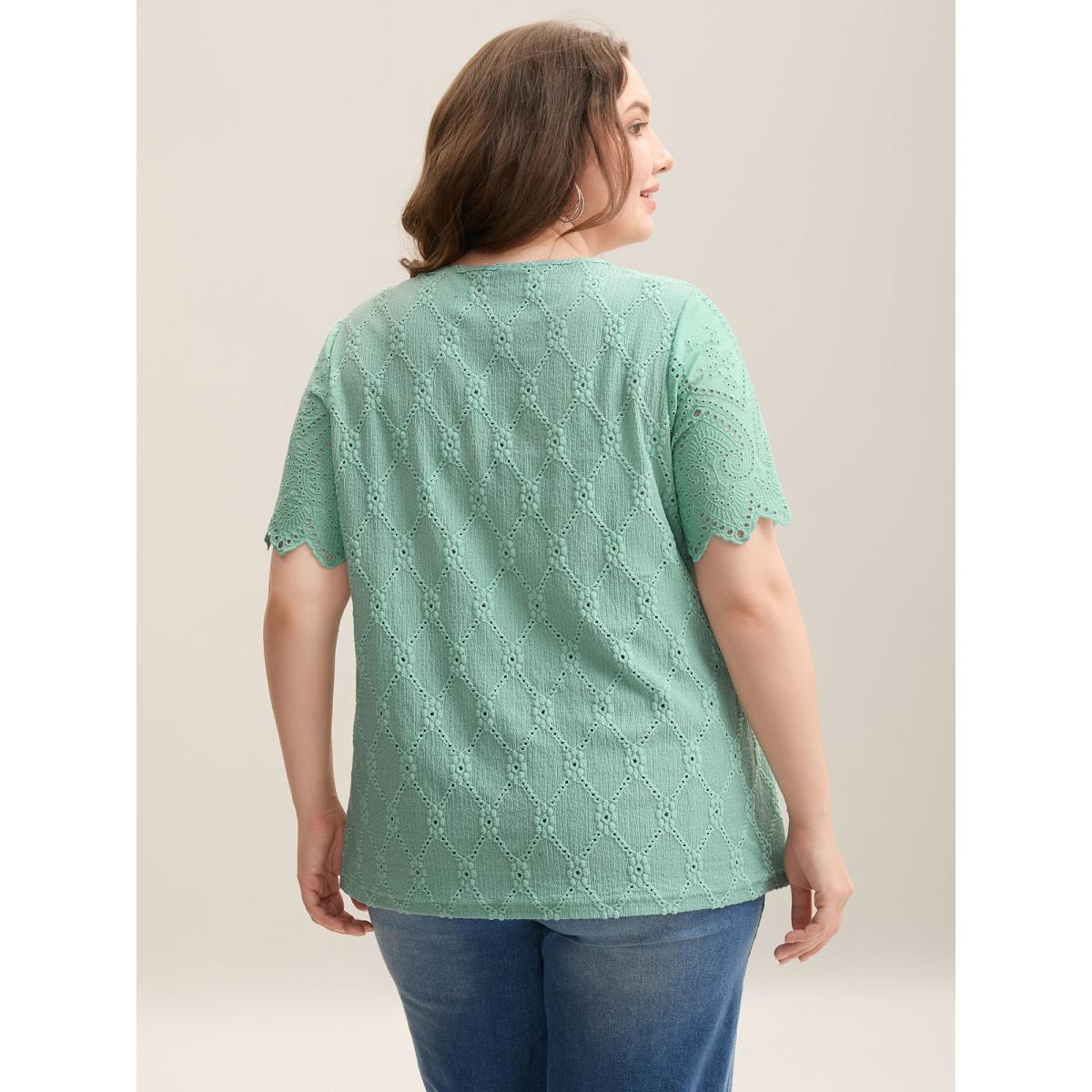 Plus Size Cut-Out Textured Spliced Sleeve T-Shirt Greenbean Women Casual Texture Round Neck Everyday T-shirts BloomChic 10/M Product Image