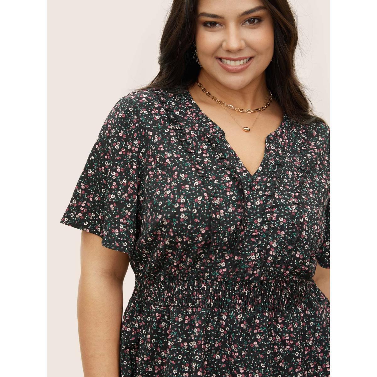 Plus Size Black Ditsy Floral Shirred Frill Trim Blouse Women Elegant Short sleeve Notched collar Everyday Blouses BloomChic 26/4X Product Image