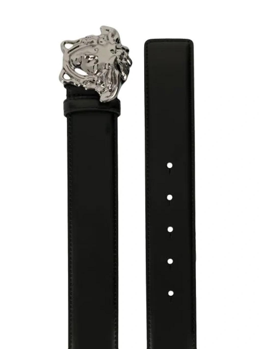 VERSACE Medusa Buckle Textured Leather Belt In Black Product Image