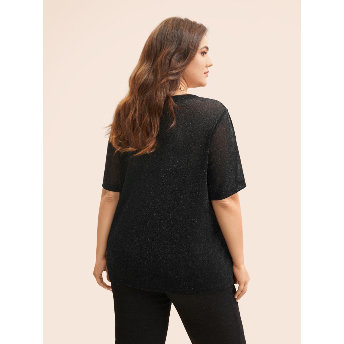 Plus Size Black Sheer Grid Neck Keyhole Blouse Women Short sleeve Round Neck Work Blouses BloomChic 14-16/1X Product Image
