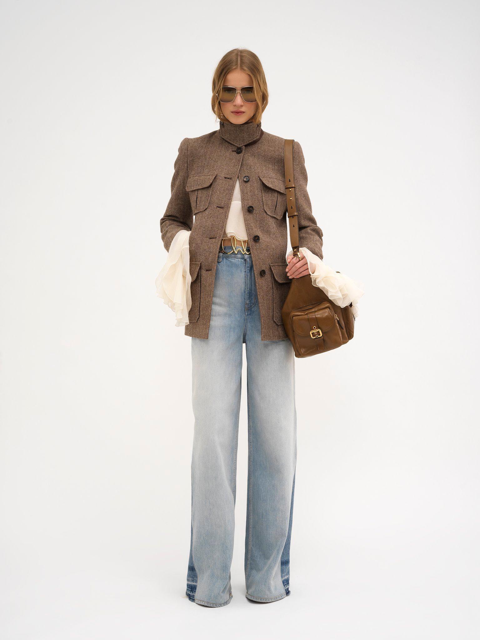 Long officer jacket in herringbone wool Product Image