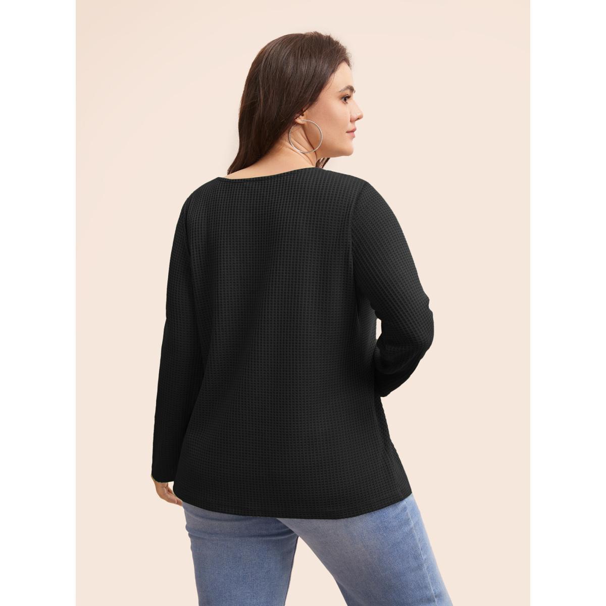 Plus Size Solid Waffle Knit Round Neck T-shirt Black Women Casual Texture Round Neck Everyday T-shirts BloomChic 30/6X Product Image