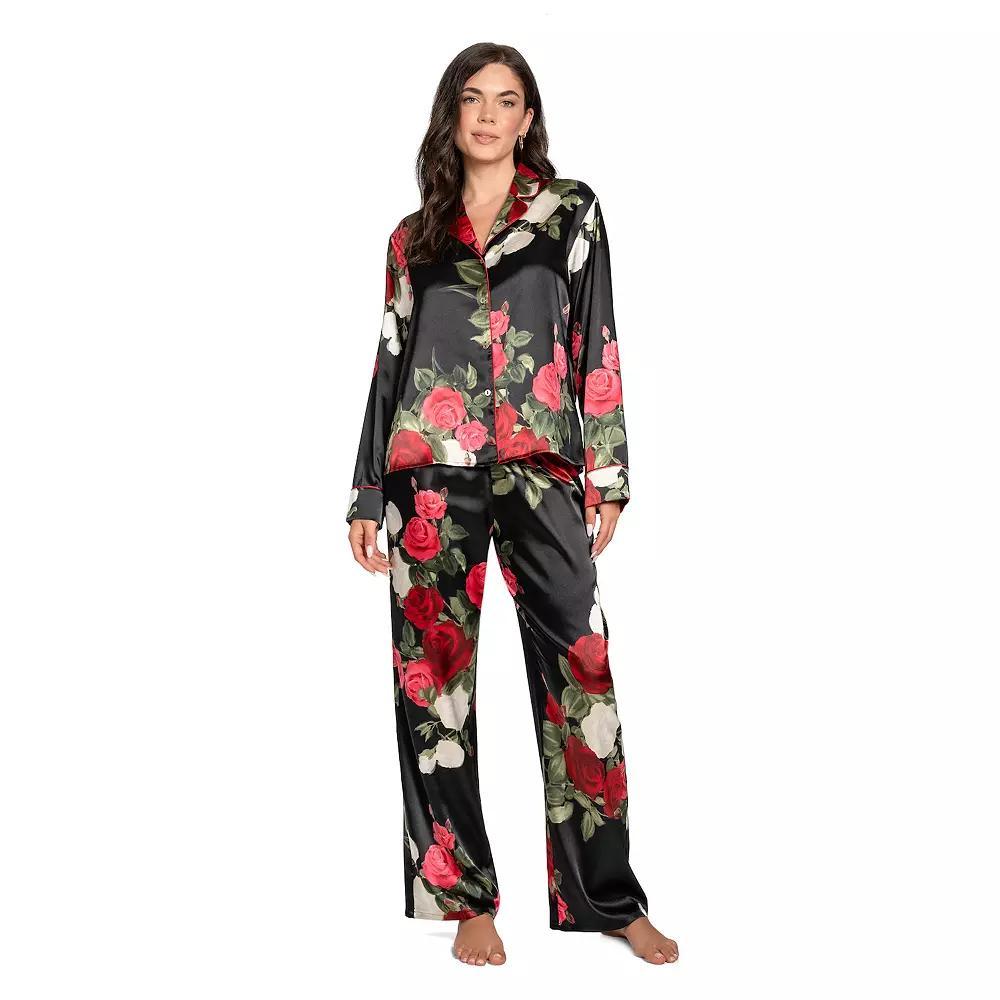 Women's Lilac+London Notch Collar Satin Pajama Top & Pajama Bottom Set, Size: XL, Black Red Product Image