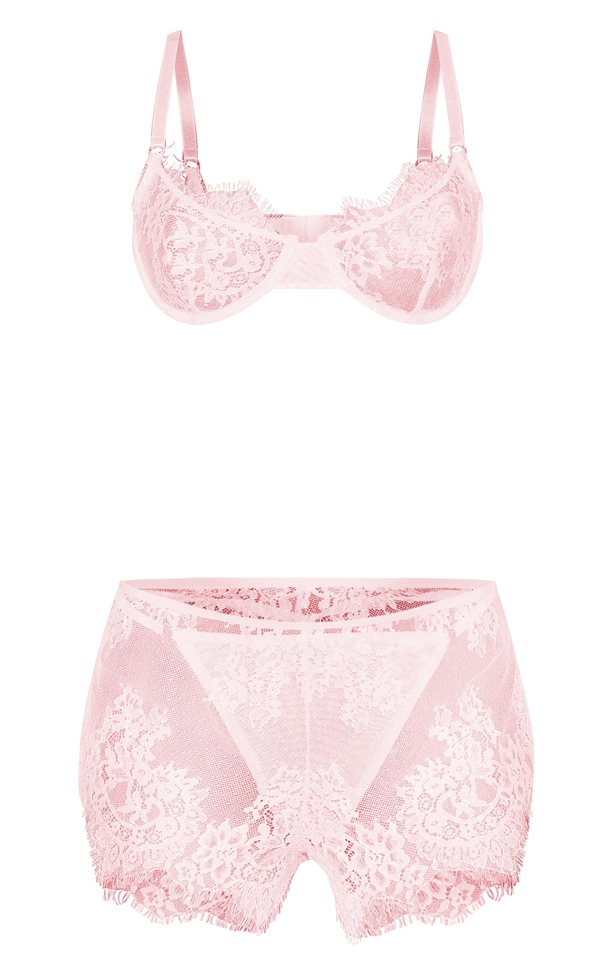 Pink Eyelash Lace Shorts 3 Piece Lingerie Set Product Image