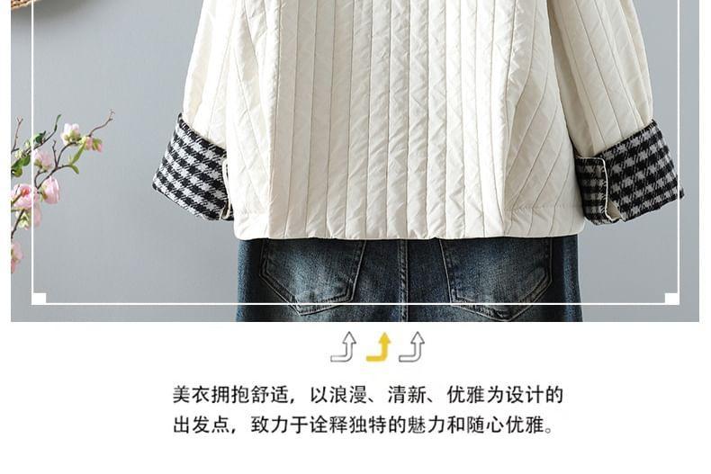 Round Neck Plaid Panel Padded Button Jacket Product Image