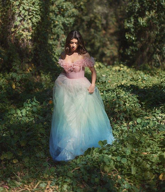 Mac Duggal Tulle Ombre Print Off-The-Shoulder Neck Short Sleeve 3D Flower Gown Product Image