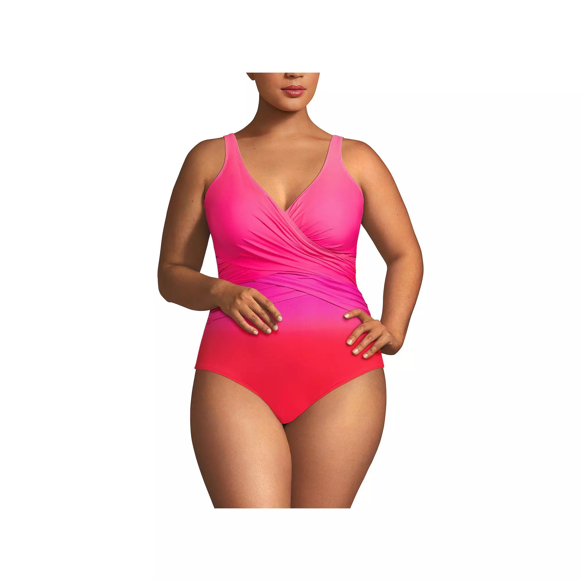 Plus Size Lands' End SlenderSuit DD-Cup Tummy Control Surplice One-Piece Swimsuit, Women's, Size: 20W Dd, Pink Team Ombre Product Image