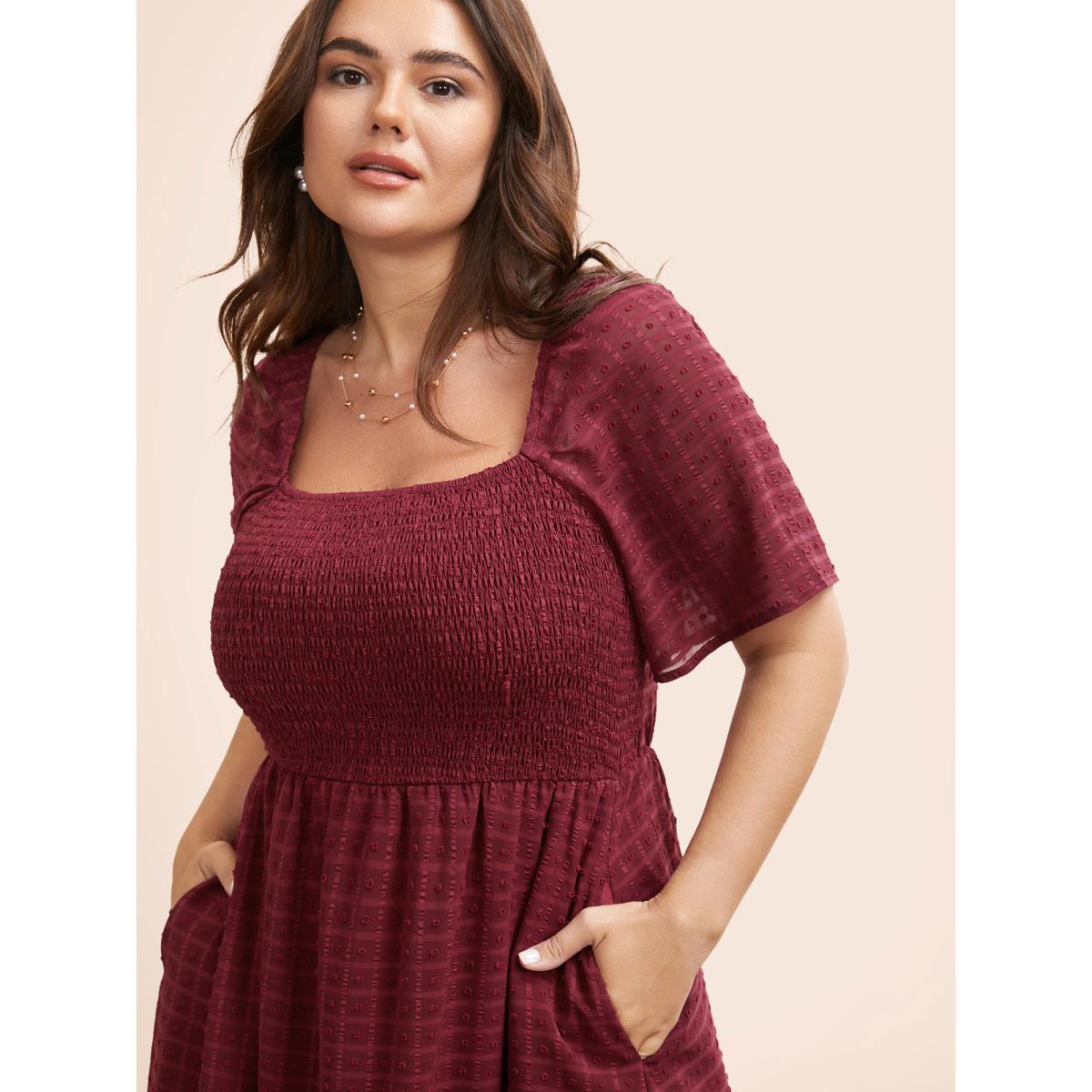 Plus Size Square Neck Textured Shirred Midi Dress Burgundy Women Elegant Texture Square Neck Short sleeve Curvy BloomChic 22-24/3X Product Image