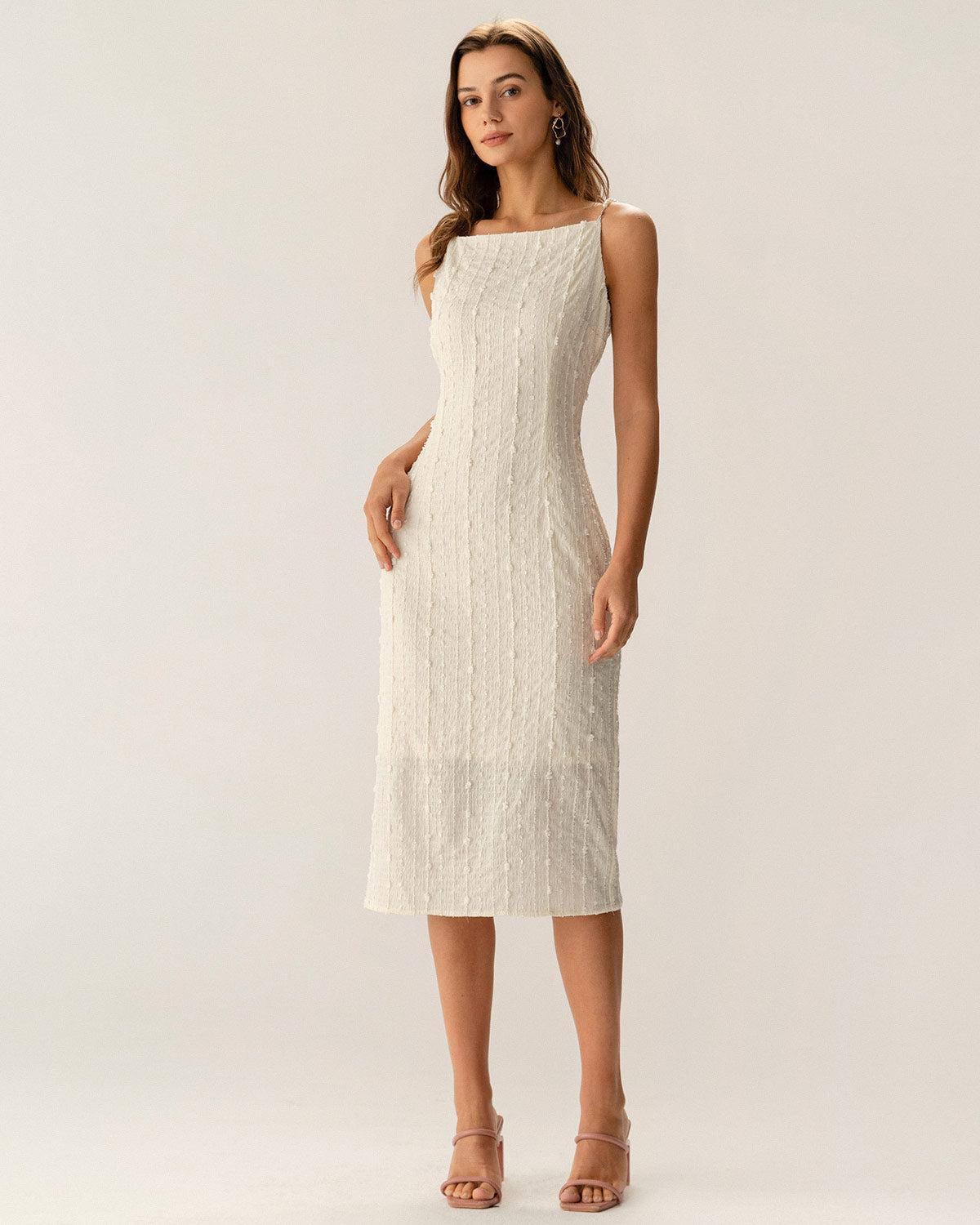 Beige Textured Beaded Slip Midi Dress Product Image