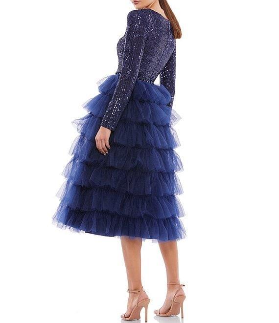 Mac Duggal Tiered Ruffle Crew Neck Long Sleeve Midi Dress Product Image