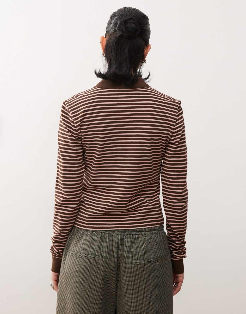 Monki long sleeved pique polo in pink and brown stripe  Product Image