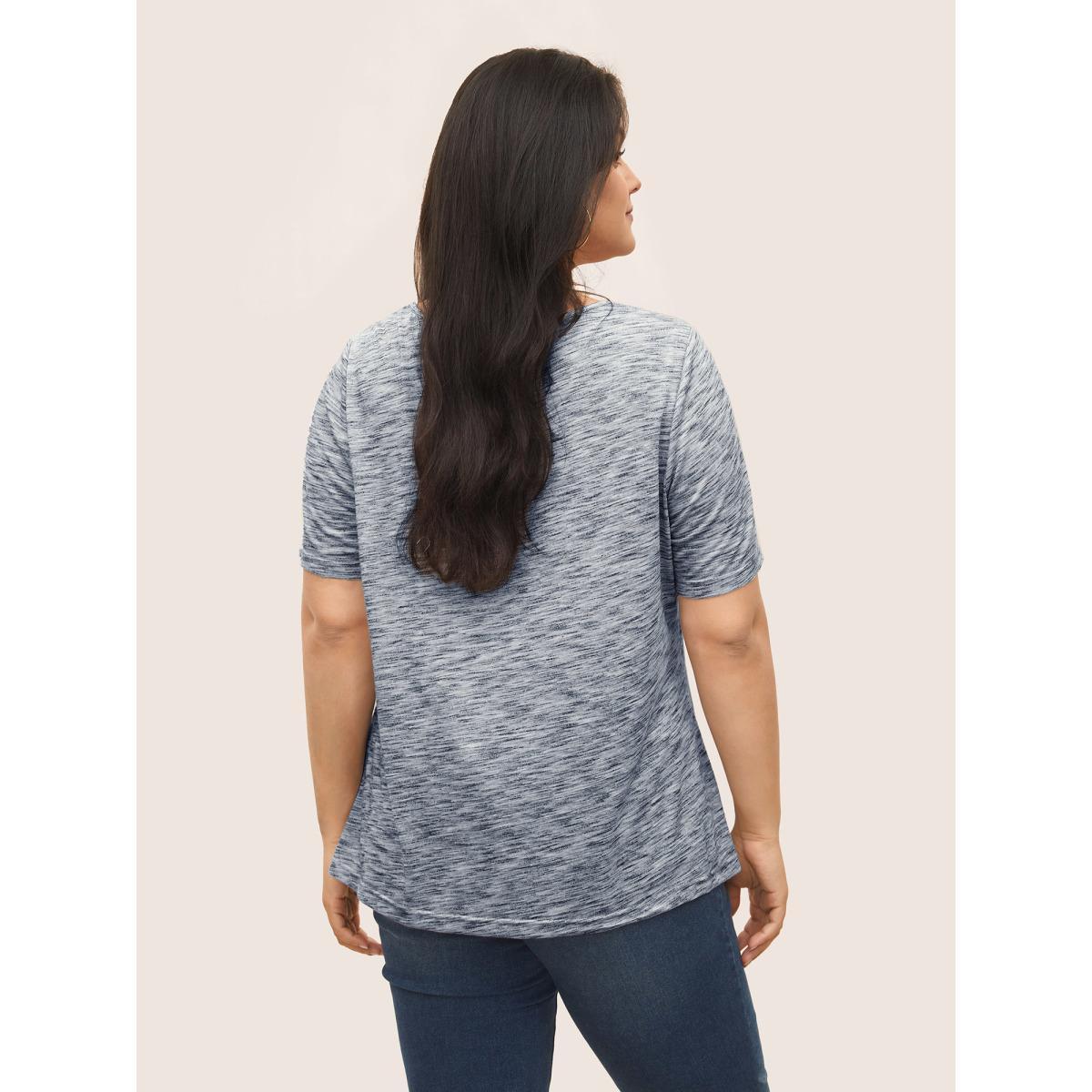 Plus Size Round Neck Heather Pleated Button Detail T-shirt DarkBlue Women Casual Button Plain Round Neck Everyday T-shirts BloomChic 14-16/1X Product Image