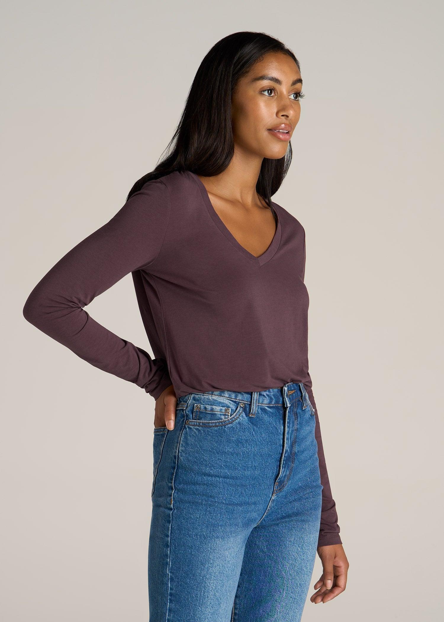 Long Sleeve Scoop V-Neck Tee Shirt for Tall Women in Merlot Female Product Image
