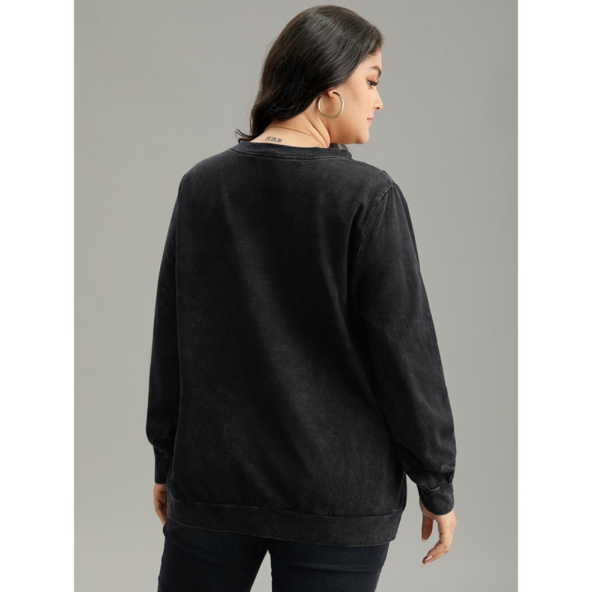 Plus Size Solid Letter Print Crew Neck Sweatshirt Women Black Casual Printed Dailywear Sweatshirts BloomChic 10/M Product Image