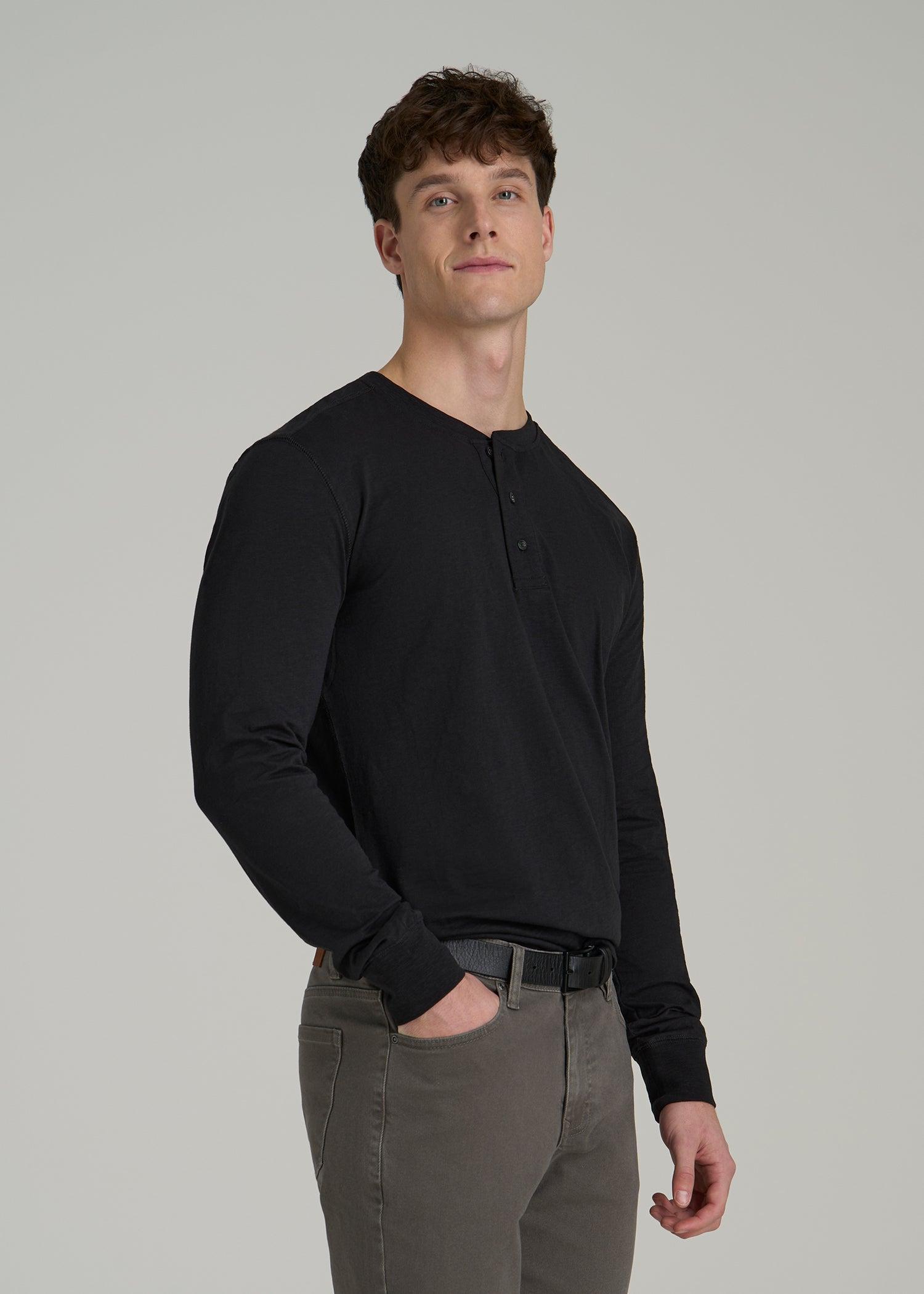 Three-Button Long Sleeve Slub Henley for Tall Men in Black Male Product Image