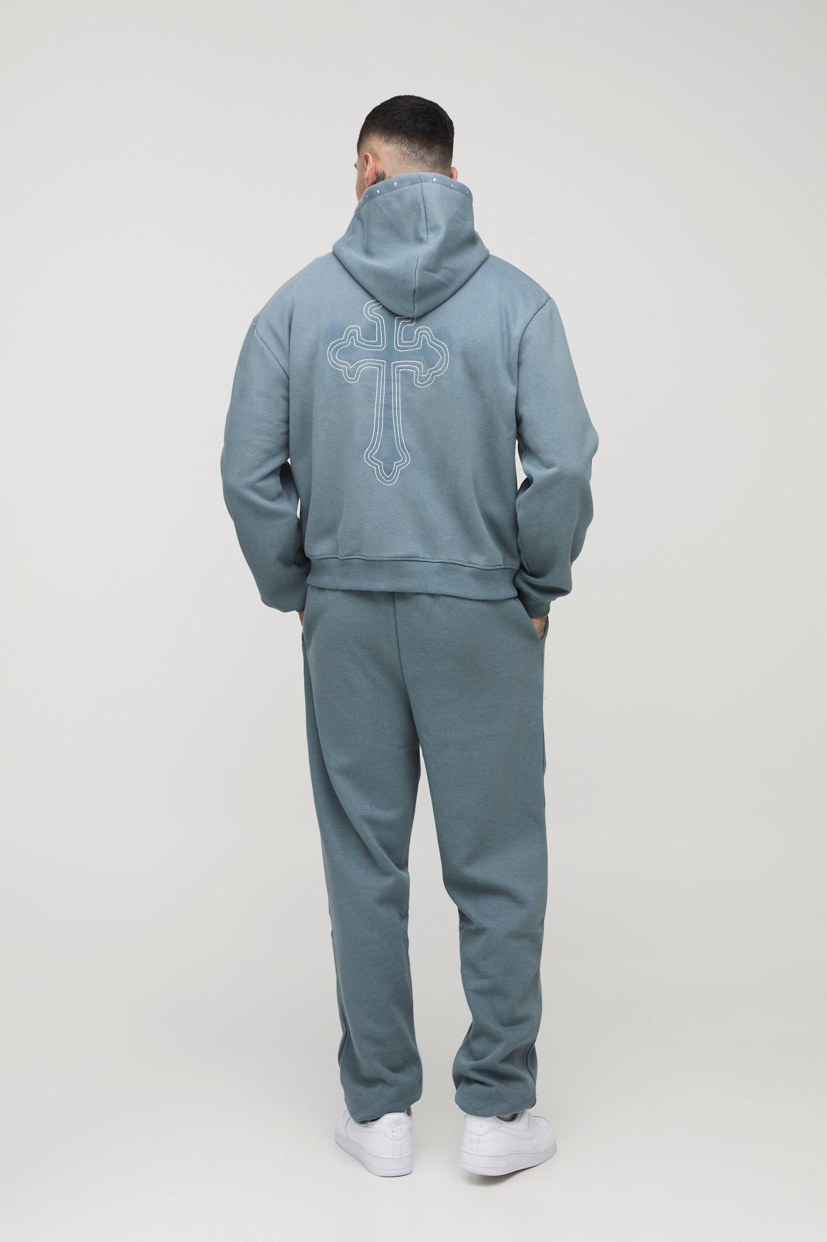 Tall Oversized Boxy Cross Embroidered Zip Through Hooded Tracksuit | boohooMAN USA Product Image