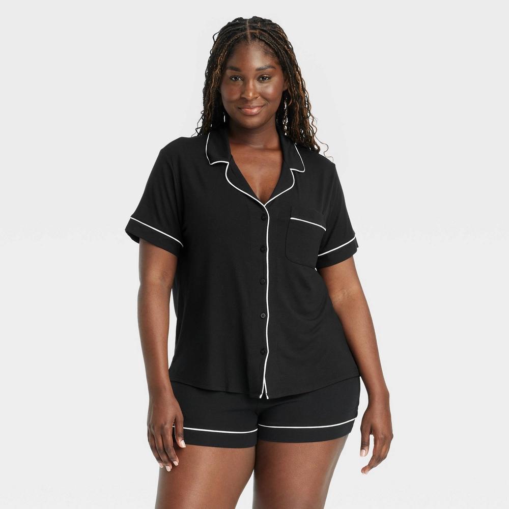 Womens Cloud Knit Short Sleeve Notch Collar Top and Shorts Pajama Set - Auden Black M Product Image