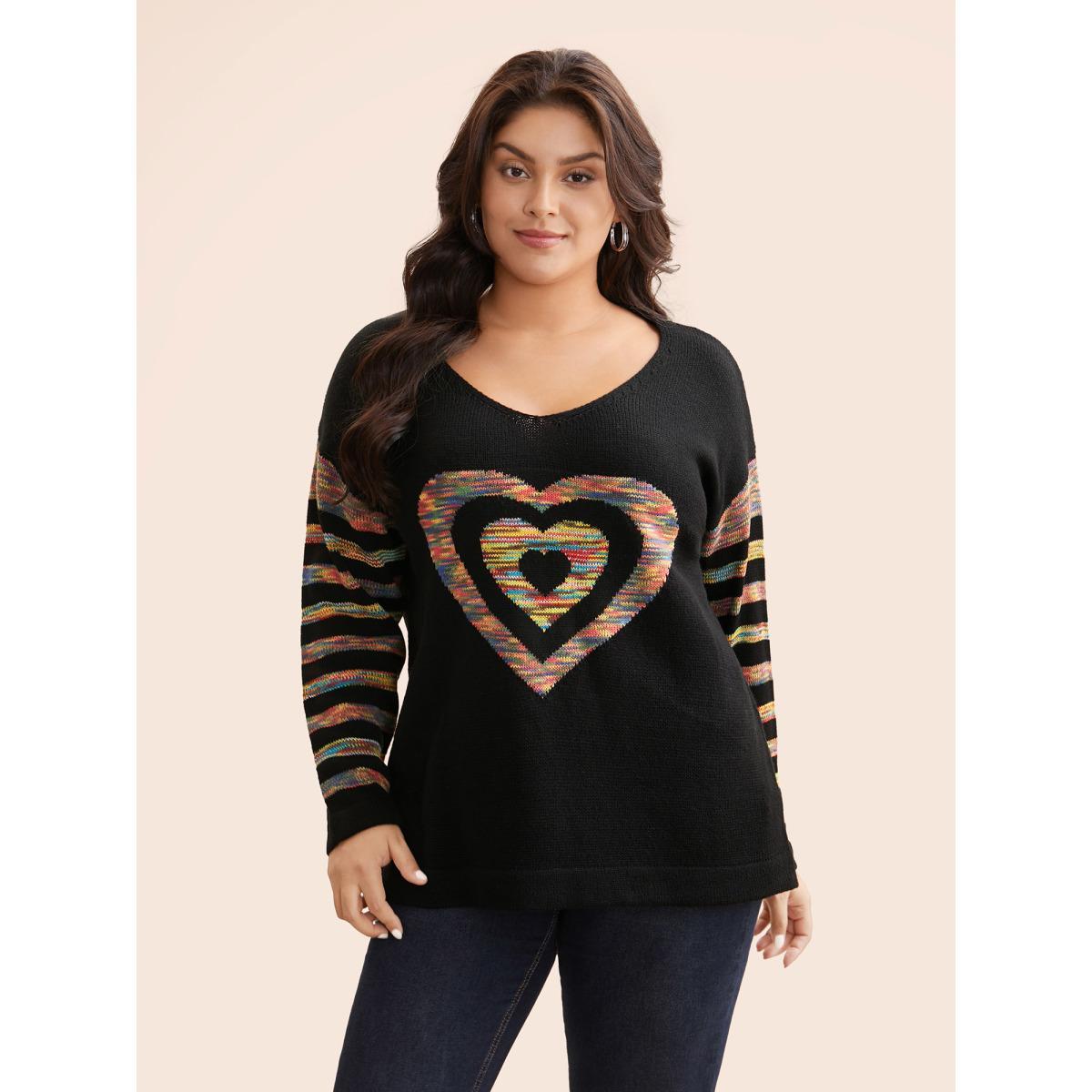 Plus Size Contrast Heart Jacquard Drop Shoulder Pullover Black Women Casual Loose Long Sleeve V-neck Everyday Pullovers BloomChic 22-24/3X Product Image