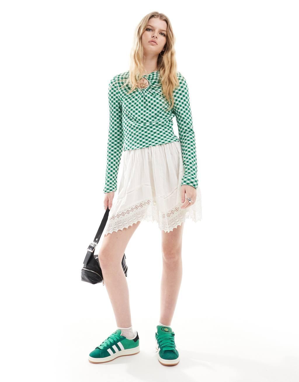 Neon Rose slinky gingham long sleeve keyhole top in green Product Image