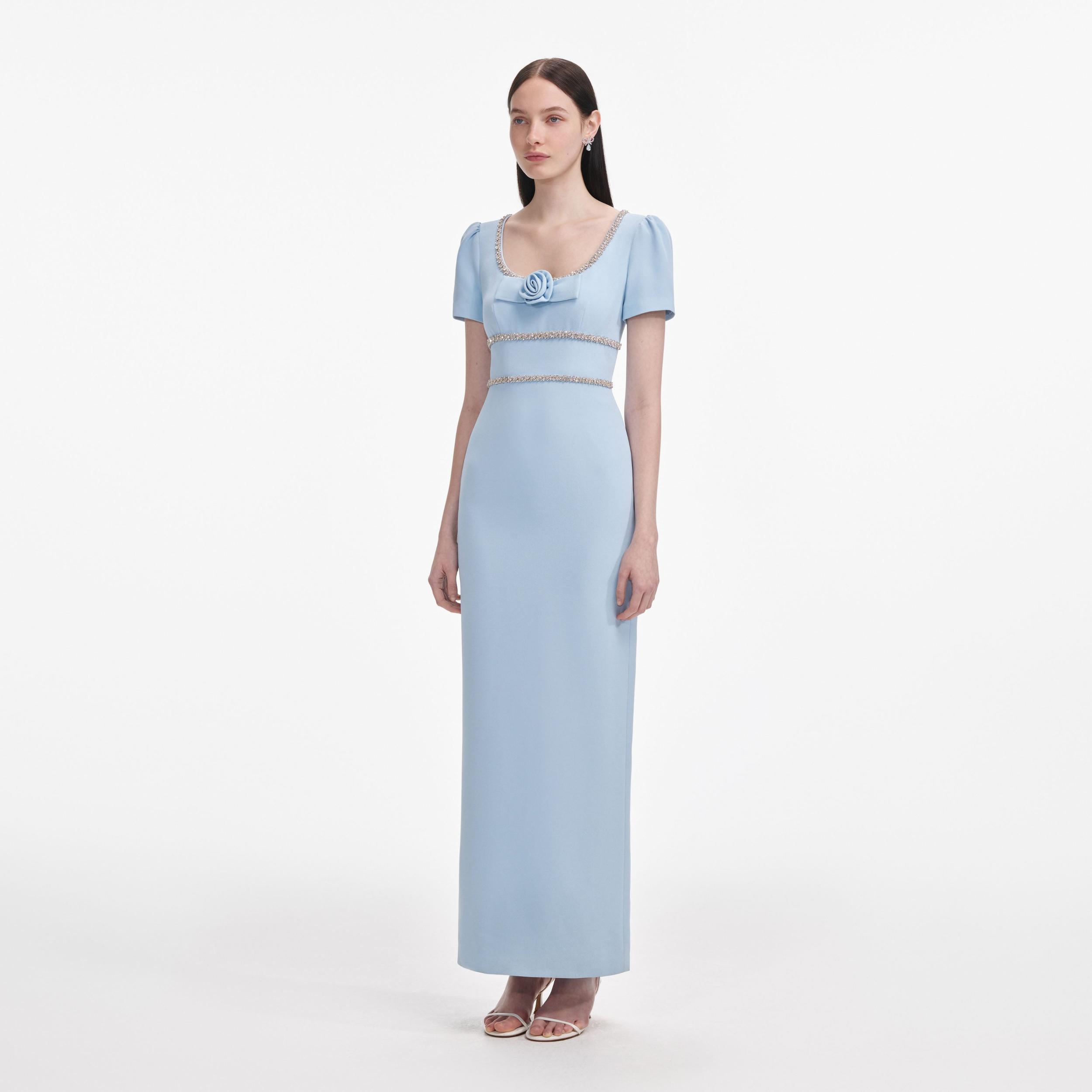 Blue Crepe Crystal Trim Maxi Dress Product Image